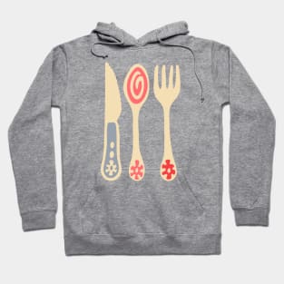 CUTLERY Retro Vintage Kitchen Utensils Knife Spoon Fork in Purple Pink and Red - UnBlink Studio by Jackie Tahara Hoodie